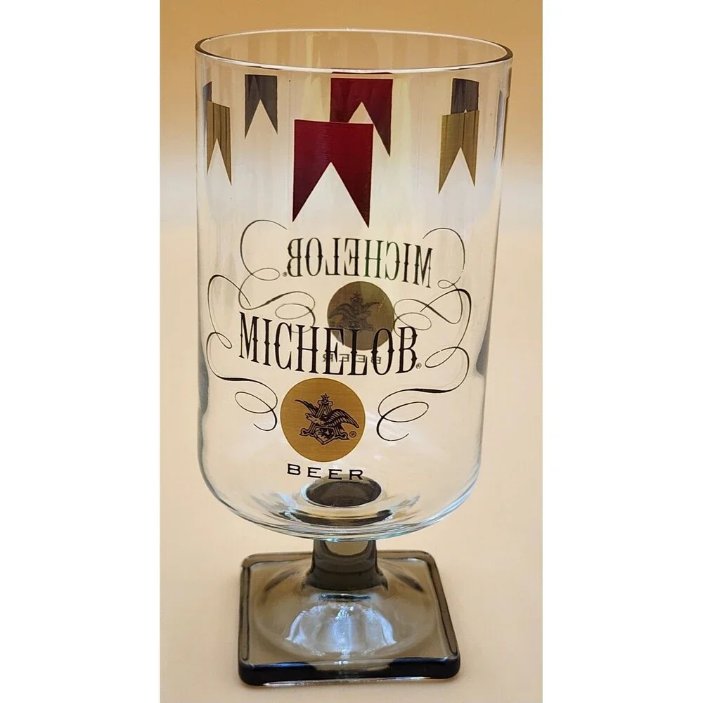 Set Of Six (6) Vintage Michelob Beer Glasses Square Footed Stem Base